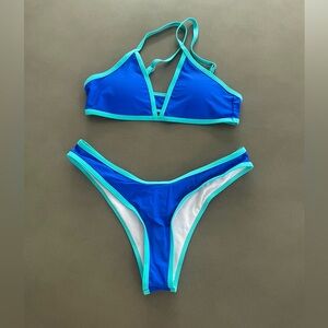 Blue Color-block Women's Bikini Set - small